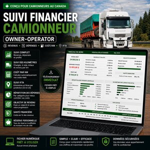 Op de afbeelding: Een digitaal financieel tracking-dashboard voor eigen rijders in de transportsector, weergegeven op een laptopscherm. De interface bevat gegevenstabellen, staafdiagrammen en statistieken voor inkomsten, uitgaven en kilometerregistratie.