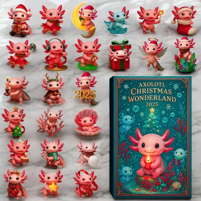 Discover Axolotl Advent Calendar 2025, 24-Day Christmas Countdown Box with Fun Axolotl Figurines, Perfect Holiday Gift