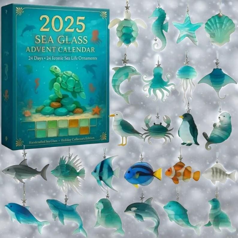 Discover Sea Glass Advent Calendar 2025, Beach Themed Christmas Countdown with 24 Ocean Ornaments, Perfect Holiday Gift & Decor