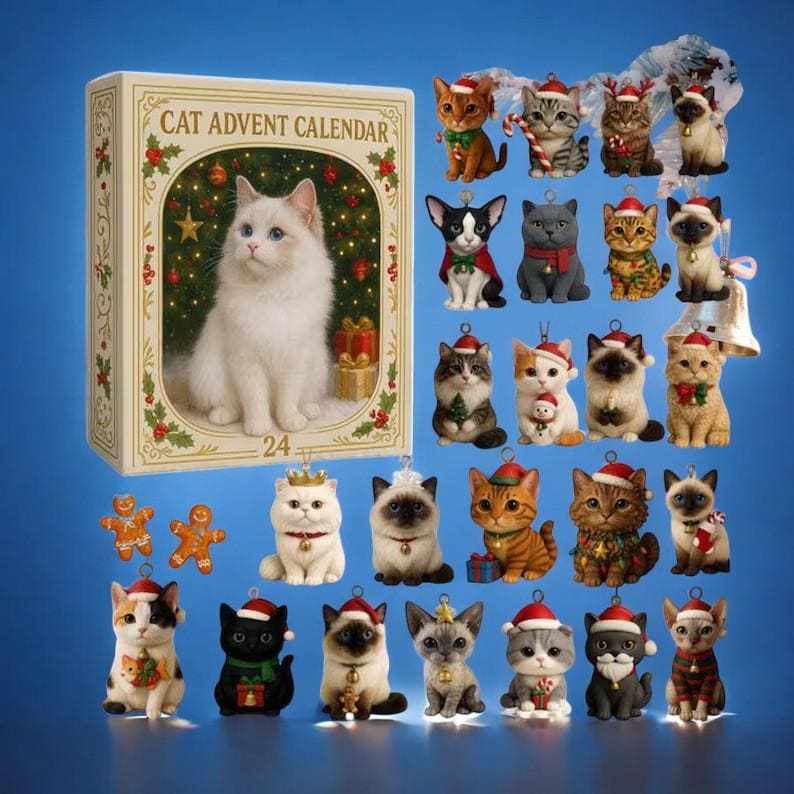 Discover Cat Advent Calendar 2025, 24 Day 2D Acrylic Christmas Ornaments, Collectible Mini Figures & Funny Gift for Cat Lovers