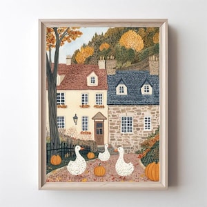 Autumn Village Print Farmhouse Decor Wall Art Duck with Pumpkin Digital Download Fall Pumpkin Printable Cozy Fall Print Rustic Farmhouse