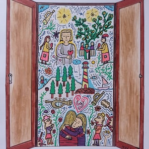 Illustrated song &quot;Cercavila&quot; by Cesk Freixas | Open window illustration with a hug, a lighthouse, and nature | Handmade art