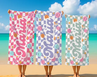 Personalized Smiley Wavy Checkerboard Beach Towel,Bithday Party Gift For Kids,Family Vacations,Tropical Vacation Gift,Beach Lover's Gifts