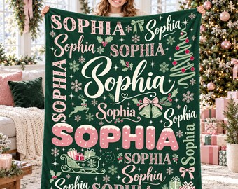 Personalized Christmas Flannel Blanket,Custom Name Holiday Throw,Christmas Tree Bow Design,A Xmas Gift for Daughter,Granddaughter or Niece