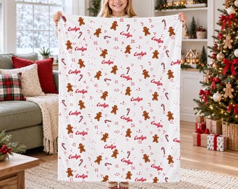 Personalized Gingerbread Christmas Flannel Throw,Custom Name Candy Cane Blanket,Holiday Cookie Pattern Gift for Kids,Toddler Nursery Decor
