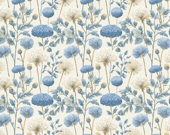 Vintage Blue Floral Pattern Cotton Fabric-Buy By Half Yard-Sewing Fabric