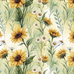 May include: Watercolor floral pattern featuring sunflowers and daisies. The sunflowers have yellow petals and dark brown centers. The daisies have white petals and yellow centers. Green leaves and stems are interspersed throughout.