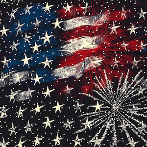 May include: Abstract illustration featuring the American flag with red and white stripes, blue field with white stars, and fireworks. The design incorporates a dark background with white dots and starbursts, creating a patriotic theme.
