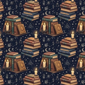 Könnte beinhalten: Nahtloses Muster mit gestapelten, alten Büchern in Braun-, Grün- und Blautönen, mit brennenden Kerzen und Mondsymbolen auf dunkelblauem Hintergrund. Die Bücher haben vergilbte Einbände.