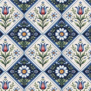 May include: A repeating pattern featuring stylized floral designs. The pattern includes diamond-shaped tiles with blue and white flowers, red tulips, and green leaves. The background is a cream color with a subtle crackle effect.