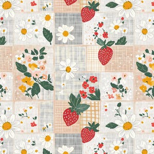 以下が含まれることがあります： デイジー、イチゴ、その他の花の要素を特徴とするパッチワークパターン。デザインは、白、ベージュ、グレーなど、さまざまなテクスチャと色を持つ正方形で構成されています。イチゴは緑の葉が付いた赤色です。