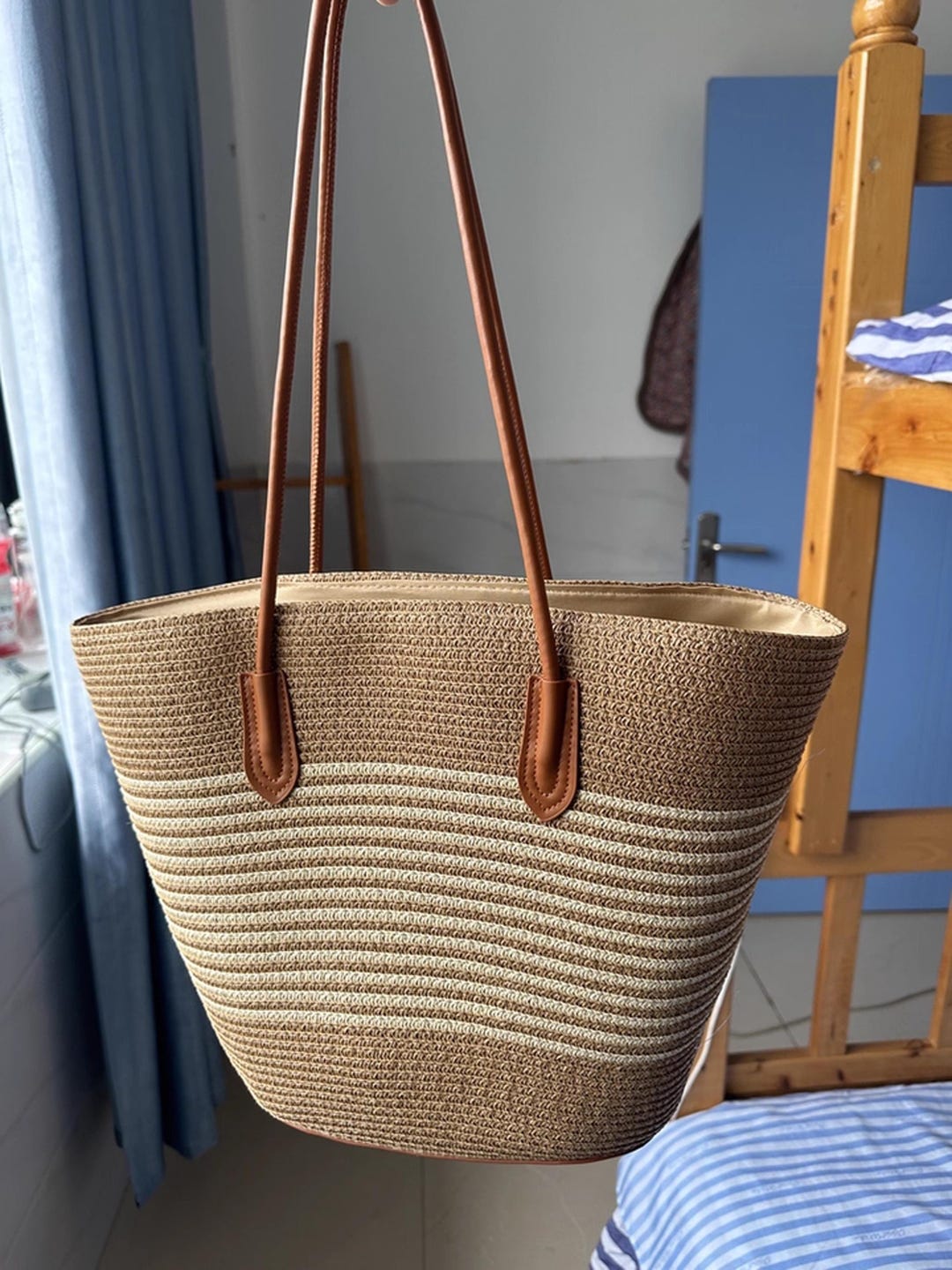 Woven Straw Tote Bag, Large Beach Bag With Faux Leather Handles Striped ...