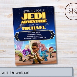 May include: A navy blue invitation with the text "JOIN US FOR A JEDI ADVENTURE CELEBRATING MICHAEL". The invitation features cartoon characters and a spaceship against a starry background. The event details are also included.