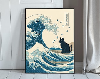 Black Cat and the Great Wave – Modern Japanese Ukiyo-e Wall Art Print