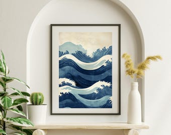 Japanese Wave Wall Art – Modern Ukiyo-e Ocean Print – Blue Abstract Sea Poster – Digital Download – Modern Coastal Ocean Printable Wall Art