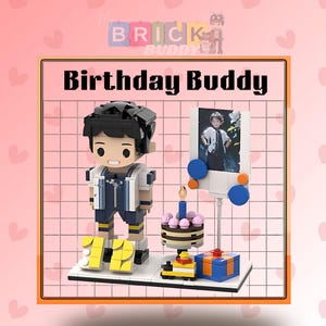 Custom Birthday Brick Figure with Photo & Cake – Personalized Building Block Gift for Kids, Friends and Family