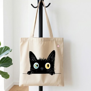 かわいい黒猫のトートバッグ、ピーカブーキティグラフィックの再利用可能な猫好きのための買い物袋、毎日使えるマーケットバッグ