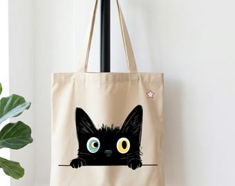 Cute Black Cat Tote Bag, Peekaboo Kitty Graphic Reusable Shopper for Cat Lovers, Everyday Use Market Bag