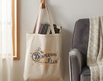 Bolsa de lona con el gráfico de la espada del Club Desperado, bolsa reutilizable con tipografía del oeste, bolsa de mano con juego de palabras literario, regalo ecológico