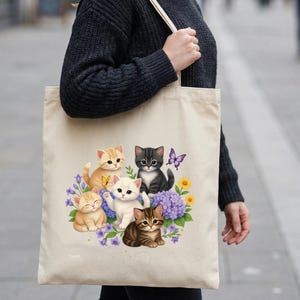 Bolsa de lona con ilustración floral de 4 gatitos, reutilizable, ideal para llevar al hombro, para la compra, el trabajo y la escuela.