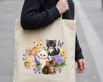 Canvas Tote Bag With 4 Kittens Floral Illustration, Reusable Shoulder Shopping Bag, Cat Lover Carryall For Groceries, Work, School