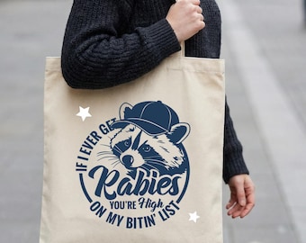 Cotton Blend Tote Bag with raccoon graphic Rabies quote print, reusable shoulder shopper, funny wildlife saying bag for errands