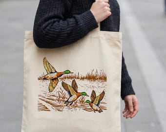 Canvas draagtas met print van vliegende wilde eenden, natuurvogel illustratie shopper, herbruikbare boekentas boodschappentas, ecocadeau