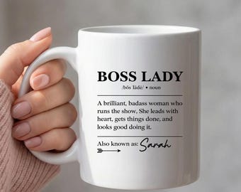 Ceramic mug with Boss Lady quote, personalized name coffee cup, office desk gift for women, work bestie appreciation present, birthday Chris