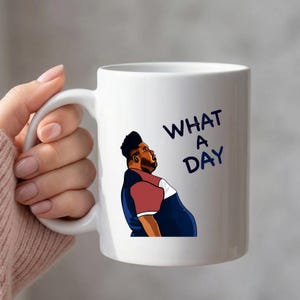 Ceramic coffee mug with WHAT A DAY graphic, 11oz white cup, office desk drinkware, personalized gift box option