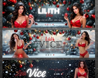 Naughty Santa Girl Christmas Banner Set,  Winter Glam Social Media Header (Digital Download)