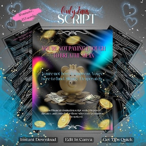 May include: A digital download graphic with the text "Only Fans Script". The image features a gold piggy bank on a pile of coins and money, with the words "You're not paying enough to breathe me in".