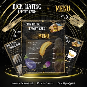 Puede incluir: Anuncio de un producto digital, una "Dick Rating Report Card" y un "Menú". El menú ofrece informes escritos, de audio y de vídeo. El diseño utiliza detalles dorados e ilustraciones de un plátano y una berenjena.