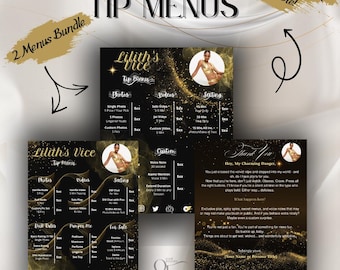 Editable Spicy Tip Menu Templates, Black Gold Glam (Canva),  3-in-1
