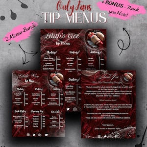 May include: A digital menu with a red and silver theme, offering various services. The menu includes options for photos, videos, sexting, and custom content. Text on the menu includes "Only Fans Tip Menus" and "Lilith's Vice Tip Menu."