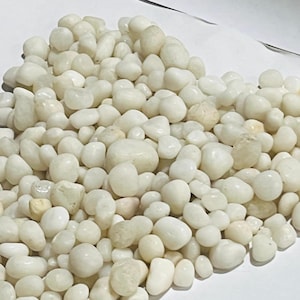 May include: A collection of smooth, white river pebbles of different sizes. The stones are rounded and have a slightly glossy surface. The pebbles are a neutral colour, ideal for decorative use in gardens or aquariums.