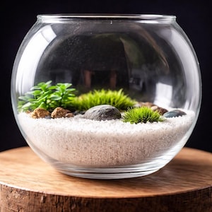 Könnte beinhalten: Ein klares Glasterrarium mit kugelförmiger Form, gefüllt mit weißem Sand, kleinen Steinen und grünen Pflanzen. Das Terrarium steht auf einem runden Holzsockel vor einem schwarzen Hintergrund. Die Pflanzen umfassen kleine Sukkulenten und Moos.