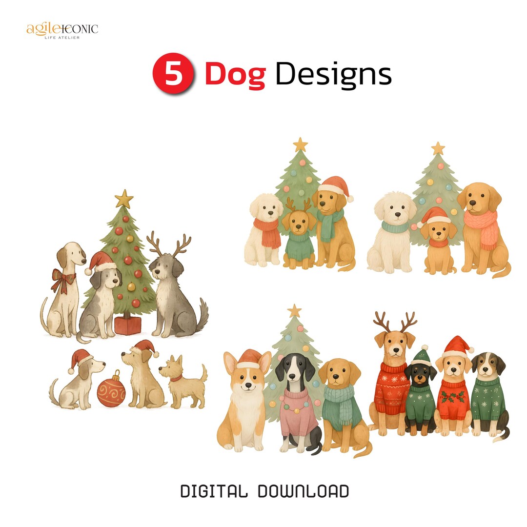 Christmas Dog Clipart Set, Cute Puppy PNG Bundle, Holiday Dogs With ...