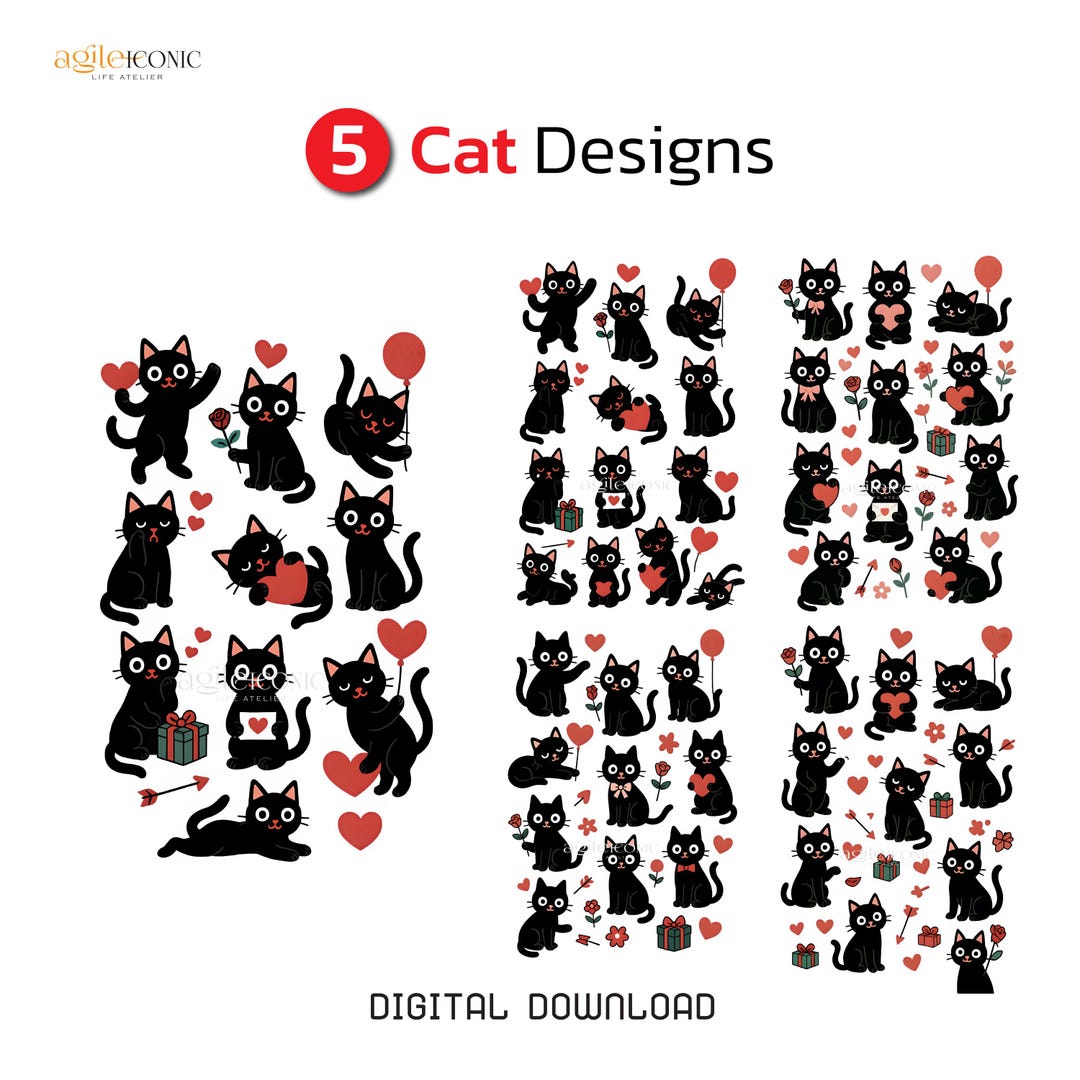 Cute Black Cat Valentine Clipart PNG | Kawaii Cat Love Stickers ...