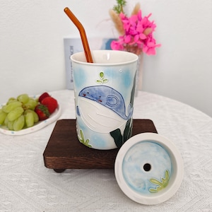 Handmade Whale Ceramic Tumbler with Lid | Ocean Inspired Reusable Mug