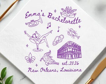 Nola Bachelorette Napkins, New Orleans Mardi Gras Cocktail Napkins, Personalized Custom Name, Bridal Shower Party Favors