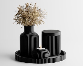 Conjunto decorativo de diseño con bandeja: jarrón, tarro y portavelas | Accesorio para el hogar impreso en PLA 3D con un moderno diseño acanalado