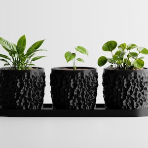 Designer Planter Set with Tray – Sculptural Texture | 3D Printed PLA Plant Pots with Drainage Insert