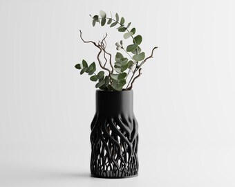 Jarrón escultural negro – Diseño de raíces orgánicas | Jarrón decorativo moderno impreso en 3D