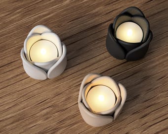 Portavelas Tulipán – Tulipán Japandi o Clásico en Blanco y Negro | Decoración minimalista para velas LED