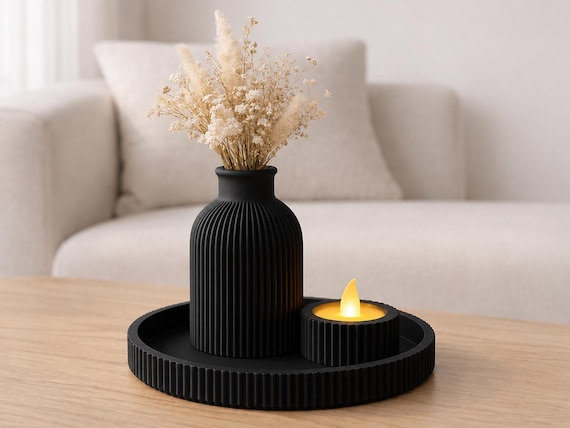 Modernes Deko Set Schwarz, Weiß – Tablett mit Vase & Kerzenhalter | Minimalistisches Home Decor Set