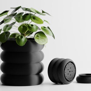 Könnte beinhalten: Ein schwarzer, moderner Blumentopf mit einer Pilea peperomioides Pflanze. Der Topf hat ein einzigartiges, gestapeltes Design. Eine passende schwarze Gießkanne und Untertasse befinden sich neben dem Topf. Die Pflanze hat runde, grüne Blätter.