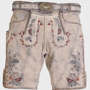 Men&#39;s Beige Leather Lederhosen Shorts: Oktoberfest Deer Embroidery