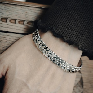 Silver bangle bracelet, plant frieze, solid silver, 925 silver, patinated silver, blackened silver