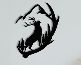 Arte de pared de metal con ciervos rústicos: decoración de cabaña de montaña