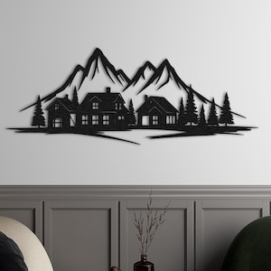 Mountain Cabin Metal Wall Art: Rustic Lodge Decor, Laser-Cut Artwork